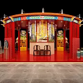 Traditional Chinese Red Architectural Structure With Horse Statues And Interior Screen Table 3d model
