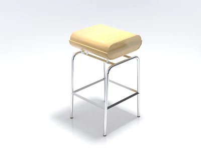 Modern Bar Stool With Light Wooden Seat And Chrome Metal Frame Structure 3d model