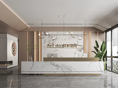 Modern Reception Desk Interior Design With Marble Top Pendant Lights And Green Plants 3d model