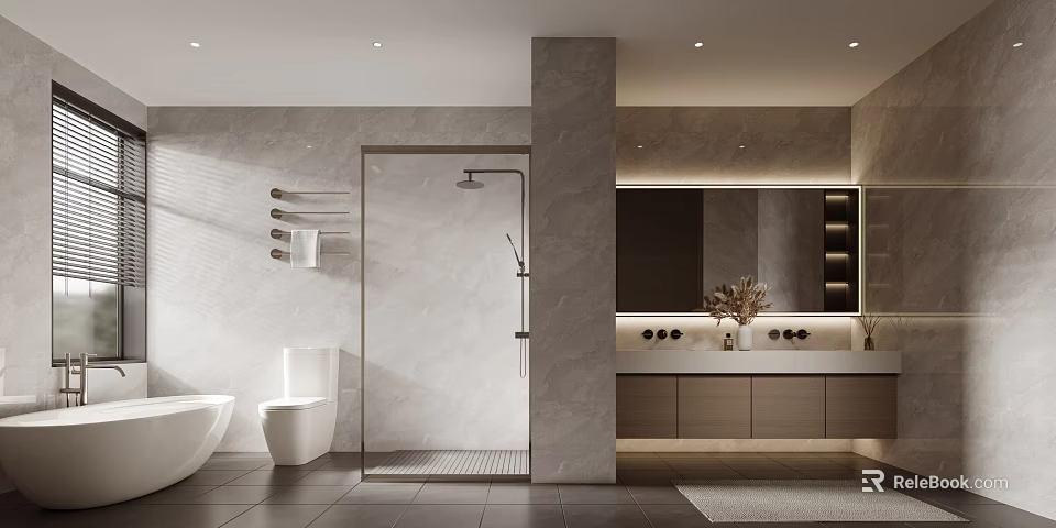 Modern Bathroom Interior With Shower Toilet Bathtub Stone Tiles And Vanity 3d model 