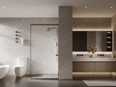 Modern Bathroom Interior With Shower Toilet Bathtub Stone Tiles And Vanity 3d model