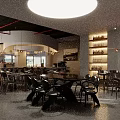 Modern Restaurant Interior With Round Pendant Lights Tables Chairs Wine Shelves And Red Accent Wall