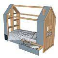 Kids House Shaped Wooden Bed with Gray Blue Frame Built in Shelves Drawers and Soft Bedding