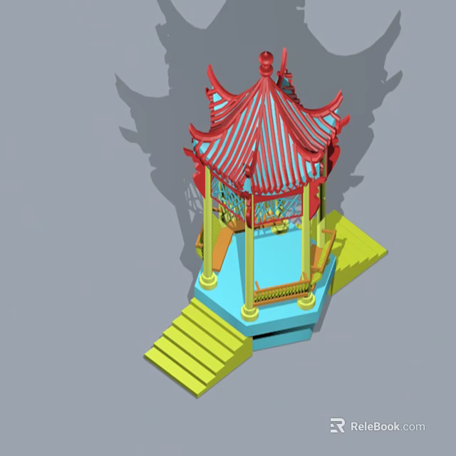 Traditional Chinese Pavilion 3D Model With Red Roof Yellow Stairs And Blue Base 3d model 