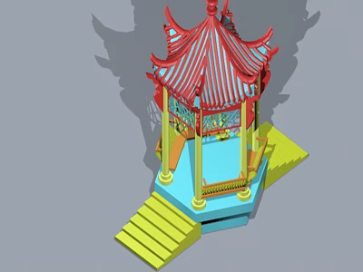 Traditional Chinese Pavilion 3D Model With Red Roof Yellow Stairs And Blue Base 3d model