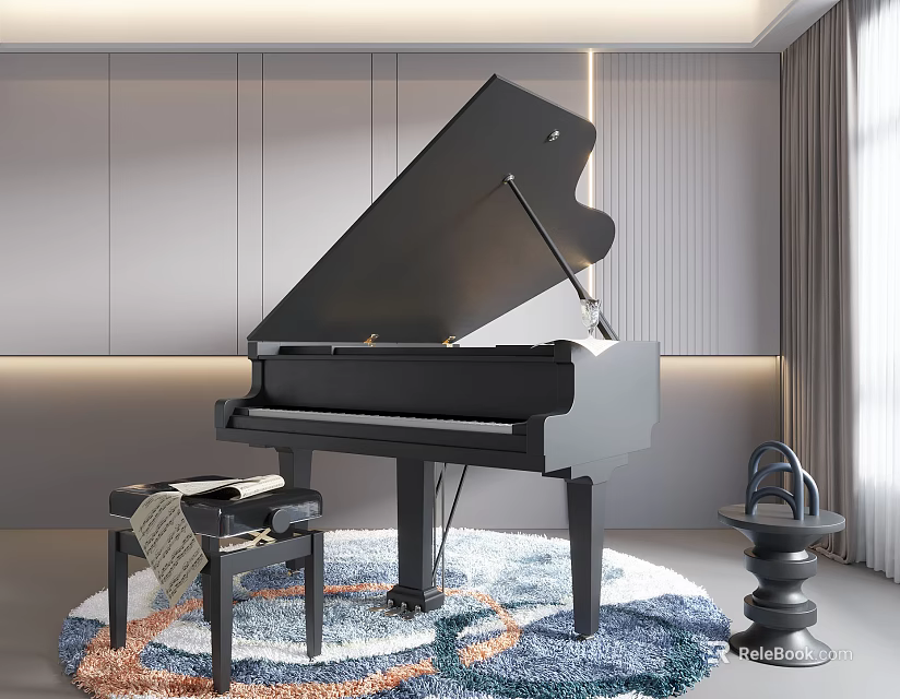 Modern Room With Black Grand Piano Art Supplies Stand And Music Sheets On Round Rug 3d model 