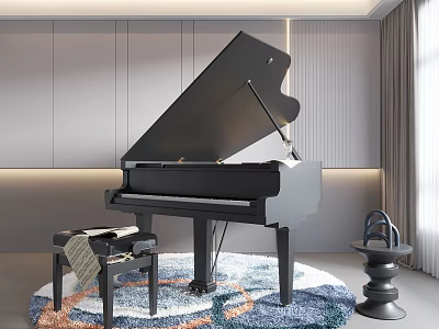Modern Room With Black Grand Piano Art Supplies Stand And Music Sheets On Round Rug 3d model