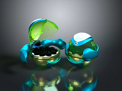 Blue Green Transparent Robot Shaped Plant Seed Containers With Open Lid And Black Seeds 3d model