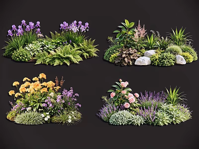 Colorful Garden Plant Combinations With Mixed Flowers Green Foliage And Stones 3d model