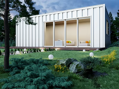 Modern Detached House With White Exterior Large Glass Windows Trees And Landscaped Lawn 3d model