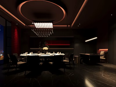 Modern Dark-Toned Private Dining Room With Chandelier Dining Table Chairs And Decor 3d model
