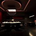 Modern Dark-Toned Private Dining Room With Chandelier Dining Table Chairs And Decor