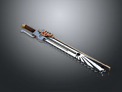 Ornate Medieval Sword With Serrated Silver Blade And Gold Engraved Hilt Design 3d model