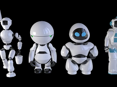 Smart Robots With Four Different White Designs Various Poses And Features 3d model