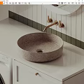 Round Concrete Washbasin With White Countertop And Brass Wall Mounted Faucet In Modern Bathroom