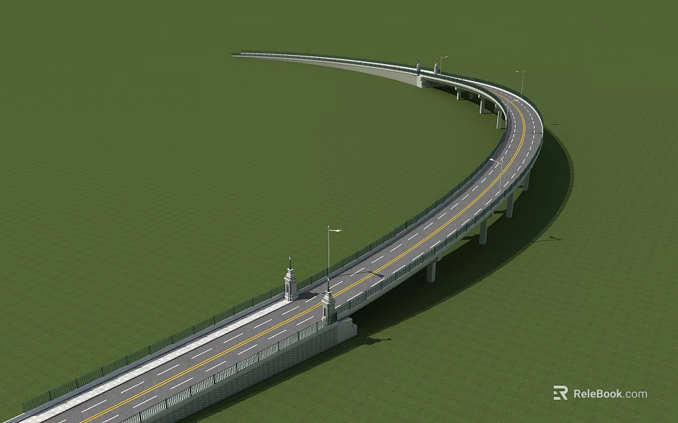 Elevated Curved Bridge with Roadway and Street Lights in Green Landscape 3d model 