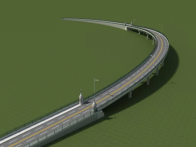 Elevated Curved Bridge with Roadway and Street Lights in Green Landscape 3d model