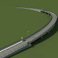Elevated Curved Bridge with Roadway and Street Lights in Green Landscape