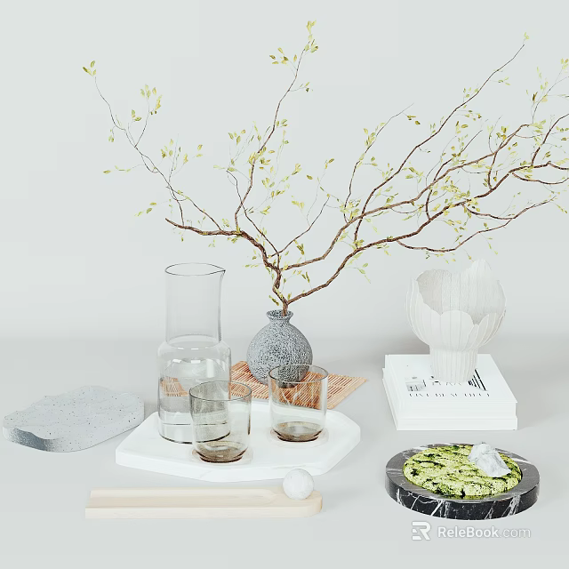 Modern Minimalist Decorative Ornament Set With Branch Vase Carafe Glasses Tray Book And Shell Decor 3d model 