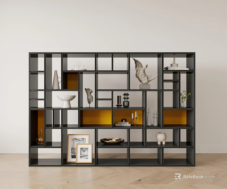 Modern Black Bookcase with Decorative Items Frames Books and Green Plants 3d model