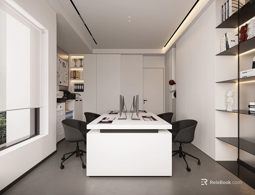 Modern Minimalist Office Interior With White Desk Black Chairs Bookshelves And Window 3d model 
