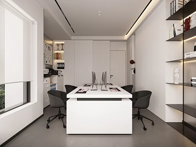 Modern Minimalist Office Interior With White Desk Black Chairs Bookshelves And Window 3d model