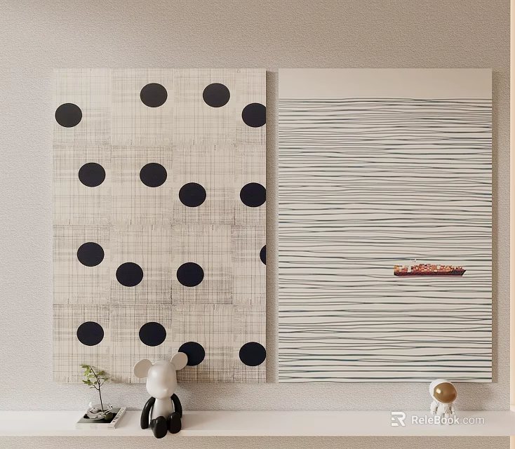 Modern Interior Decor With Dotted Striped Paintings And Small Ornaments 3d model
