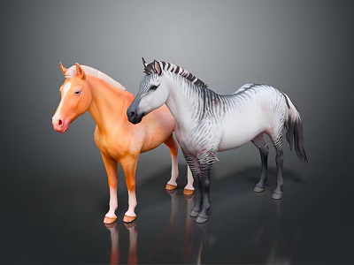 Orange Horse and Zebra Animal Models with Realistic Features on Black Surface 3d model