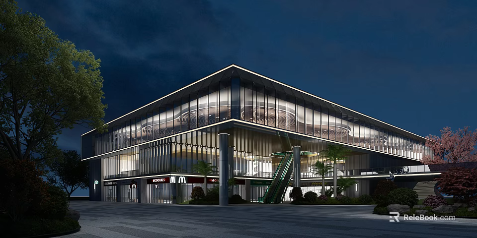 Modern Sales Office Building With Glass Curtain Walls Nighttime Lighting And Palm Trees At Entrance 3d model 