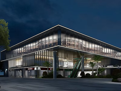 Modern Sales Office Building With Glass Curtain Walls Nighttime Lighting And Palm Trees At Entrance 3d model