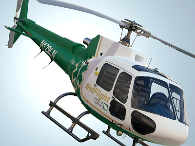 Green and White AirMed MedFlight Helicopter in Flight for Emergency Medical Services 3d model