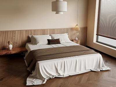 Cozy Modern Bedroom Interior With Wooden Headboard Herringbone Floor And Pendant Light 3d model