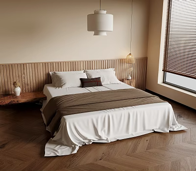 Cozy Modern Bedroom Interior With Wooden Headboard Herringbone Floor And Pendant Light 3d model