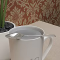 White Ceramic Mug With Green Plant In White Pot On Red Floral Wallpaper Background