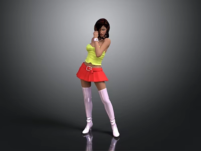 Anime Style Female Character In Yellow Top Red Skirt And White Thigh High Socks 3d model