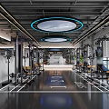 Modern Fitness Gym Interior Featuring Workout Equipment Ceiling Lights And Flooring Markings