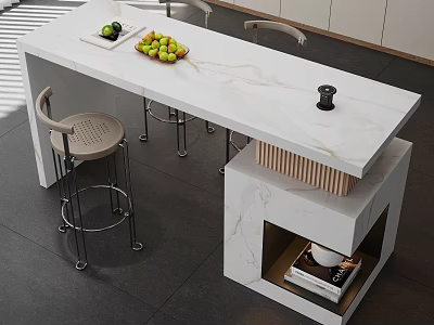 Modern Bar Counter With White Marble Top Fresh Green Apples And Stools 3d model