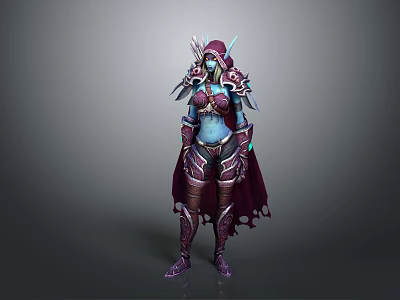 Fantasy Game Female Character With Blue Skin Ornate Purple Armor And Flowing Cloak 3d model