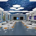 School Science Laboratory With Starry Sky Ceiling Hexagonal Lights White Tables Yellow Stools Wall Screens 3d model