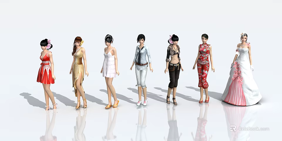 Women Fashion Models Standing in a Row Wearing Different Stylish Outfits 3d model 