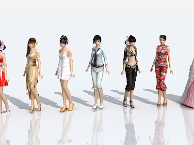 Women Fashion Models Standing in a Row Wearing Different Stylish Outfits 3d model