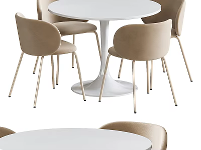 Modern Round White Dining Table Set With Beige Chairs And Metal Legs Design 3d model