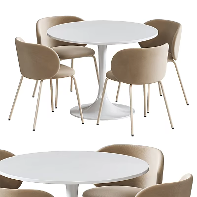 Modern Round White Dining Table Set With Beige Chairs And Metal Legs Design 3d model