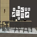 Dining Table Set with Bar Stools Framed Wall Art and Tabletop Decor on Decorative Rug 3d model