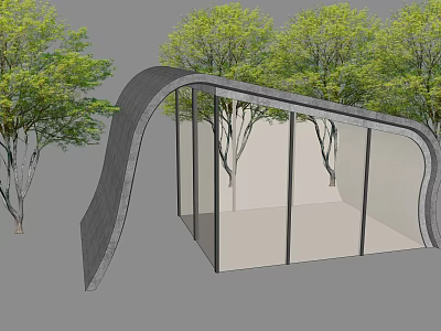 Modern Curved Roof Glass Structure Surrounded By Green Trees With Open Transparent Walls 3d model