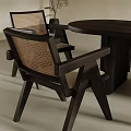 Minimalist Dining Table Set With Dark Wooden Table Rattan Chairs Arched Wall And Pendant Light