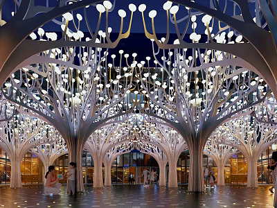 Stunning Plaza Landscape With Illuminated Tree Shaped Structures And White Spherical Lights 3d model