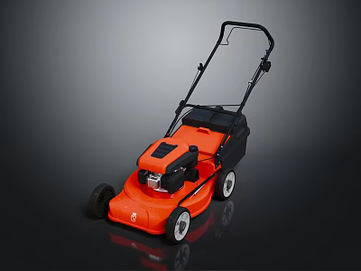Orange Hand Push Lawn Mower With Black Handle And White Wheels Standing On Dark Background 3d model