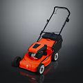 Orange Hand Push Lawn Mower With Black Handle And White Wheels Standing On Dark Background