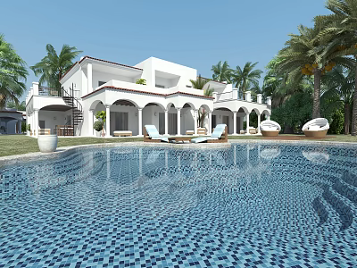Elegant Detached Villa With Swimming Pool Terrace Lounge Chairs And Palm Trees 3d model